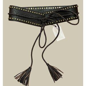 NWT brown Figue Dahlia studded tooled leather wide wrap belt, tassels, M/L